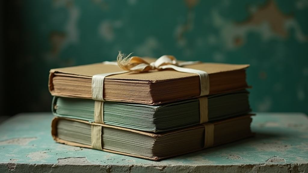 Kolme arkistokansiota puuvillanauhalla sidottuna kivipinnalla